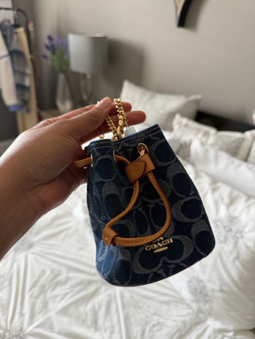 Coach Mini Signature Denim Bucket Bag with Tan Leather Trim - Picture 3 of 4